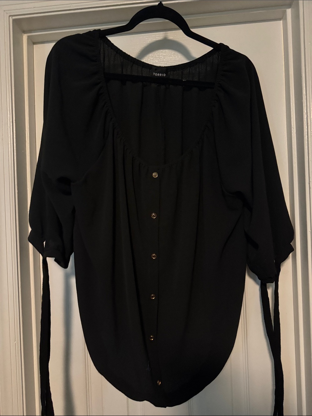 torrid Black Button-Front Peasant Blouse with Tie Sleeves